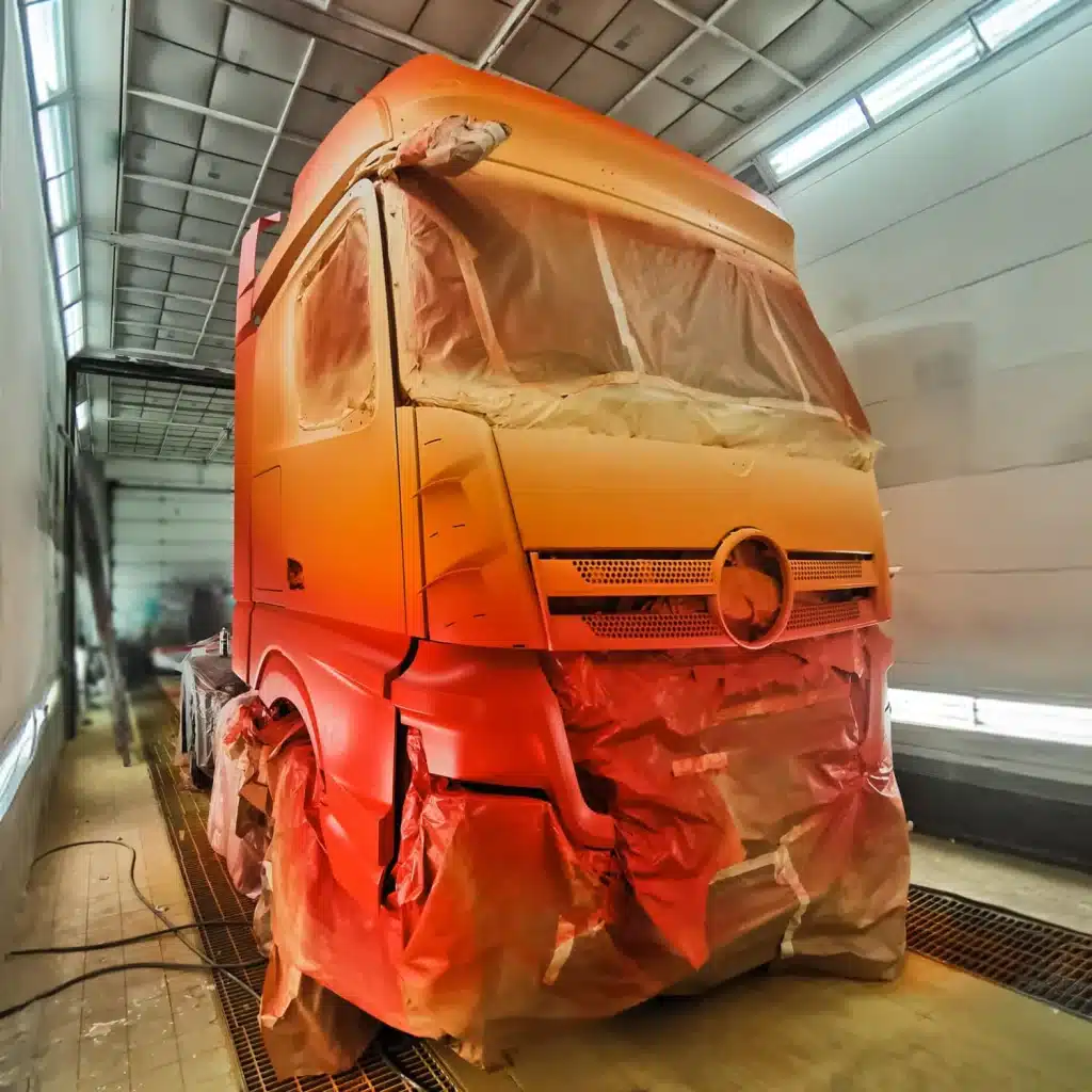Camion en cours de peinture dans notre atelier de Nantes
