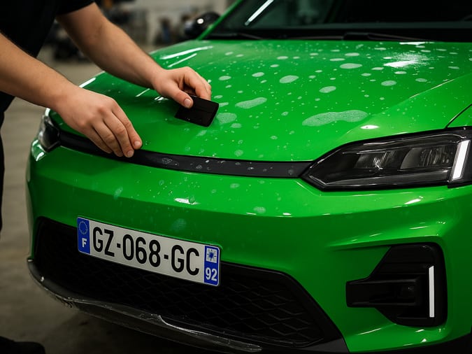 pose d'un film bodyfence à l'avant d'une voiture sur le capot
