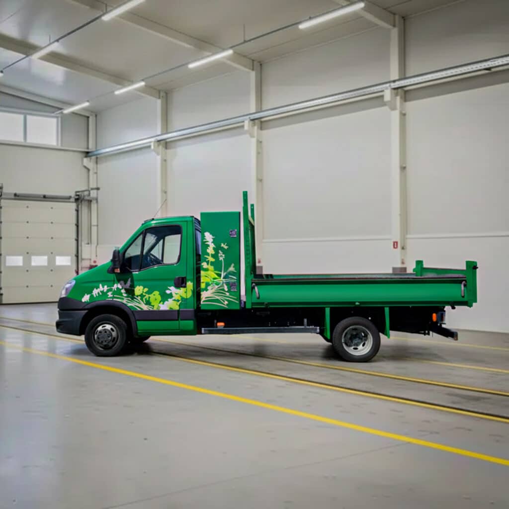 Covering de la cabine d'un camion benne de paysagisme.