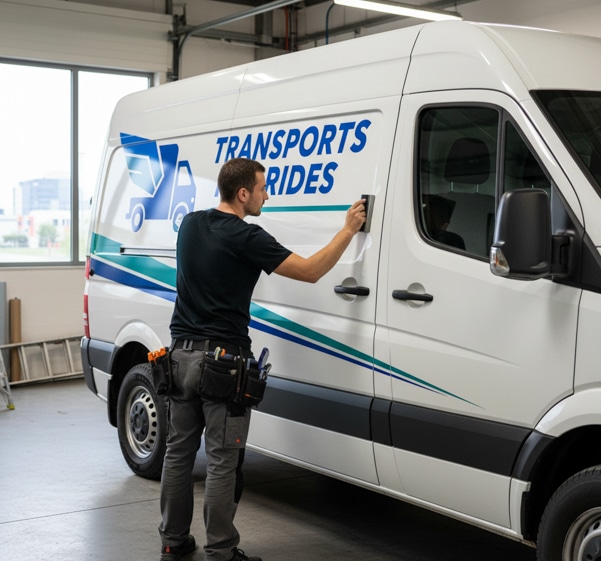 Pose d'un stickers sur le flan d'un véhicule utilitaire