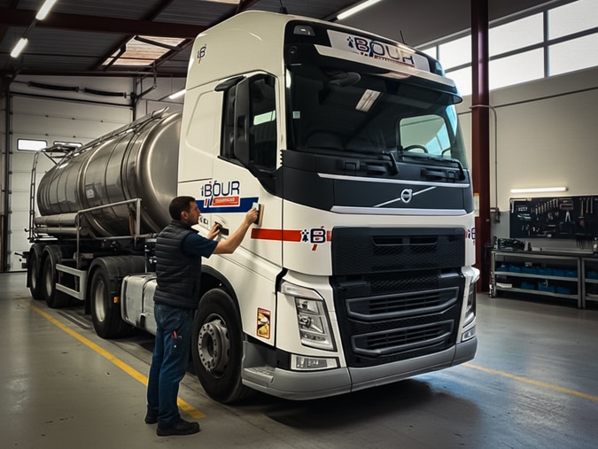 Pose de marquage sur la cabine d'un camion poids lourd