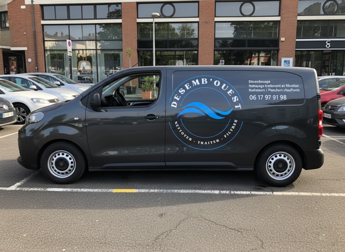 Utilitaire dans un parking floqué avec des stickers