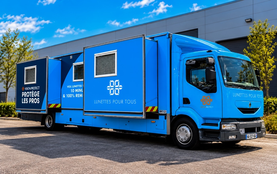 Covering sur camion module extensible Renault, livrée bleue Lunettes Pour Tous et Vision Protect, modules déployés